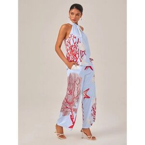 Ador Womens 2 Piece Set Halter Top Wide Leg Pants Coral Reef Print Blue Red L